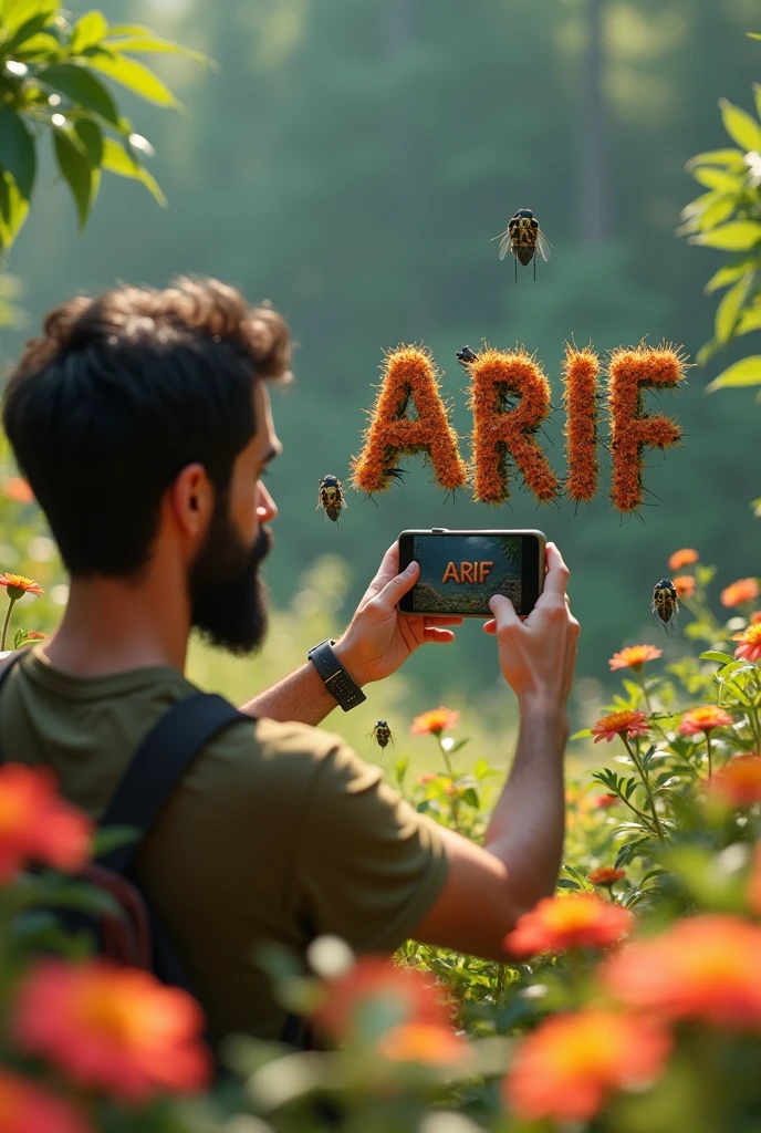 A french cut beard animated man taking photos of word ARIF which is made by bugs in a beautiful nature by a mobilephone. Lots of multicoloured flowers around him.