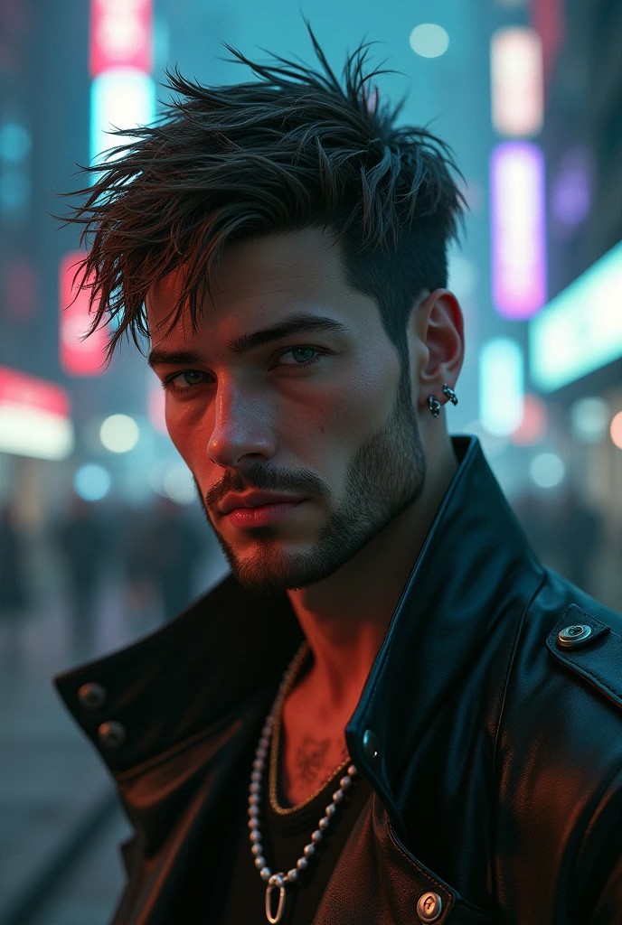 Create a picture in the artstyle of Cyberpunk 2077 of a young man, with short brown hair, green eyes and a light beard with piercings on his ears