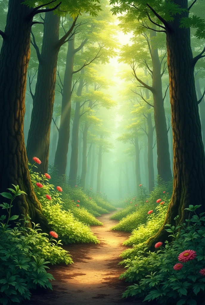 I would like the design to capture the natural and peaceful atmosphere of the forest., with a color palette that includes varied greens, browns and some touches of light that imitate the sun's rays filtering through the trees. If possible, It would be great to include elements like trees, leaves, perhaps a trail or some flowers and fauna to complement the scene.
The style must be realistic, but it must convey the feeling of being immersed in a forest environment.