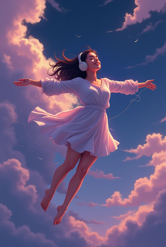 A woman flying among the clouds. She keeps her arms wide open, her legs straight and looks very happy while listens to music with her headphones. She runs her hands through the clouds. Predominantly shades of deep purple and black. Make it on anime style. 