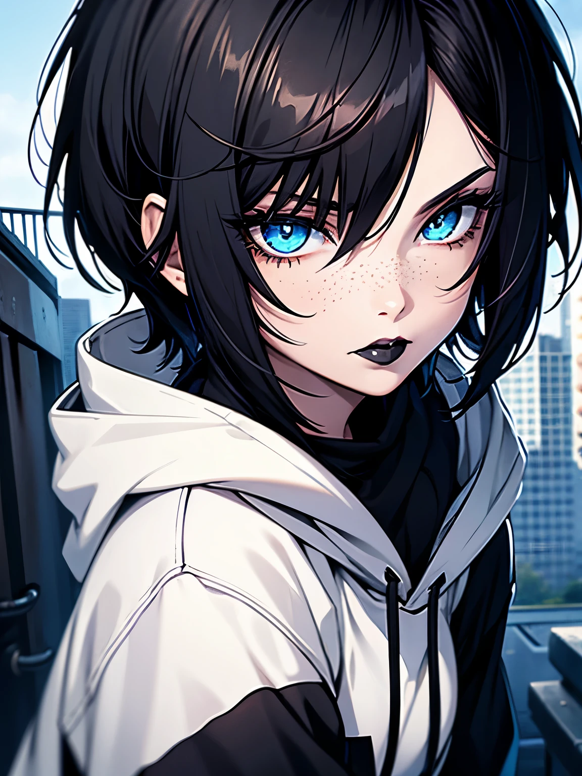 Face-off, short hair emo, expressive eyes, black lips, black lipstick, beautiful face, woman, black hair, pale skin, blue eyes, freckless, hd, outdoors, hoodie, breasts