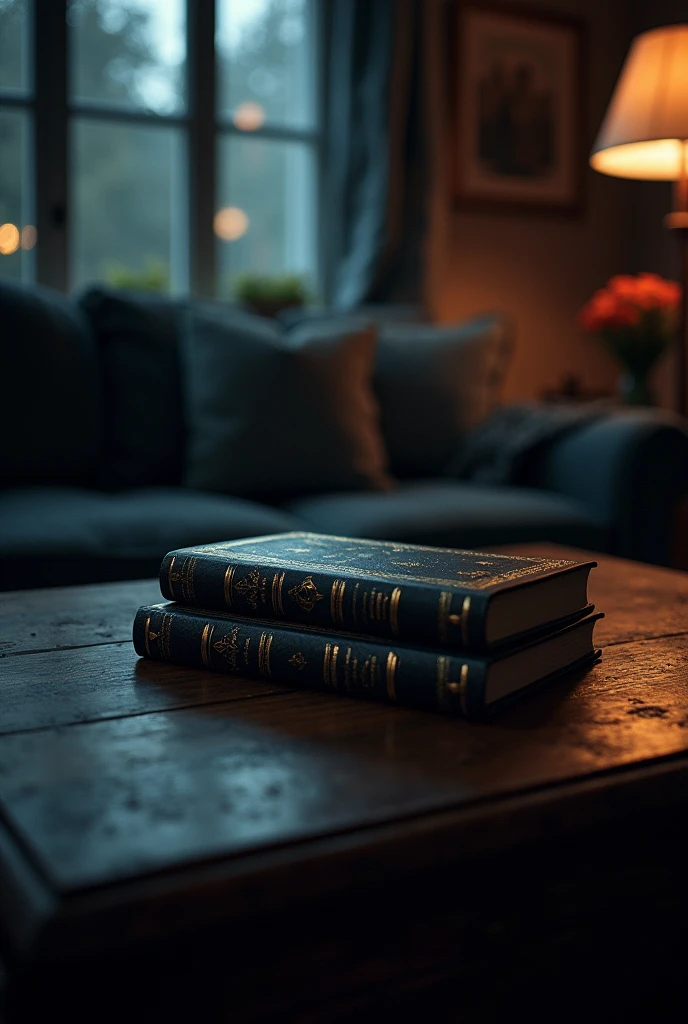 The black book is lying on the table, cabinet against the background of a dark living room, glint, Shine, magic, in cyberpunk style