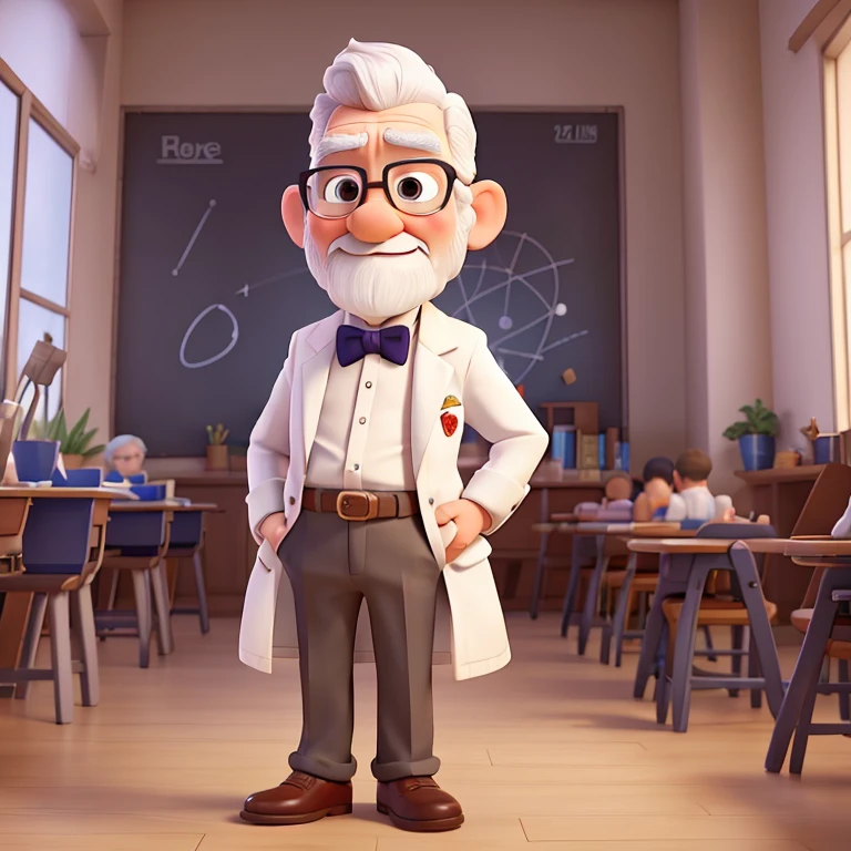 Full-body image, pointing your finger up, pixar character, little man, looking straight ahead, pointing with the finger, raised arm, very serious, 70 years old, he has a white beard, white mustache, White hair, teacher, wearing white coat and bow tie, wear glasses, hands up.