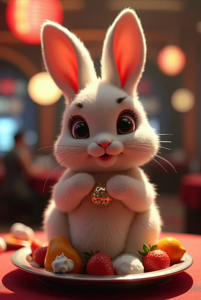 Cute and detailed bunny in a casino、、full - length portrait、Shoot directly above the center of the front of the body、Close it、(It sits on a large silver platter decorated with cut fruit and whipped cream.:1.4)、(Thighs raised and legs wide open:1.7)、(Decorate her body with cut fruit and whipped cream:1.5)、Ideal body type、Medium chest、Slim and detailed waist、Exquisitely detailed ass、Beautifully detailed groin、Exquisitely detailed thighs、beautifully detailed eyes、beautiful face、captivating stare、flowing brown hair、Ultra compact、8k、hyper realist、dramatic lighting、Bright dark、dramatic atmosphere、chic、functional、standing alone、photorrealistic、Awards、exquisite detail、volumetric lighting、swirly vibrant colors、cinematic、work of art
