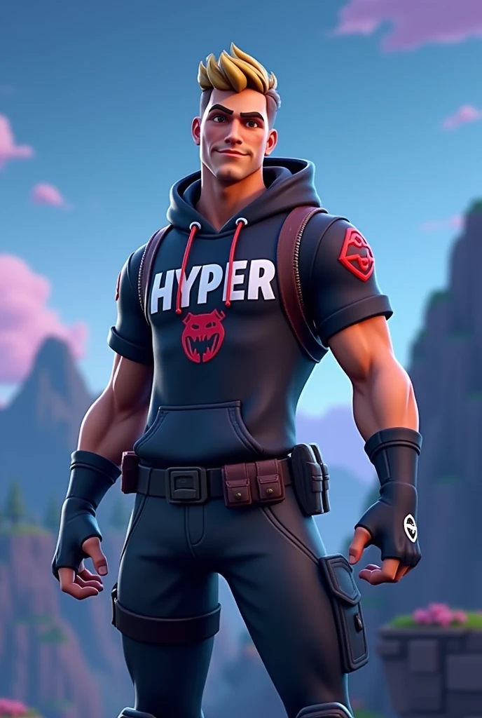 Fortnite Background with Male Fortnite Figure, with Hyper written on the shirt and a symbol of an animal bite