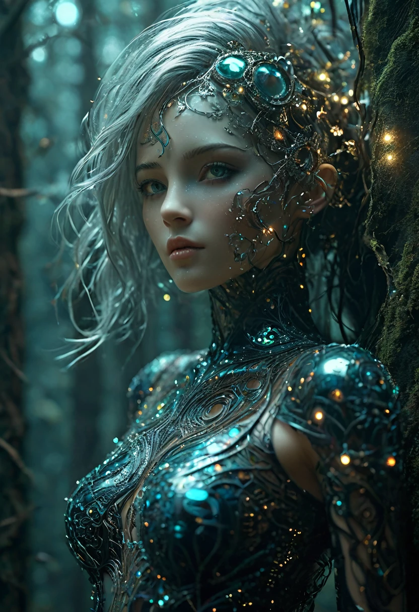 Create an image where the treetops are decorated with twinkling lights, merging nature with a magical starry atmosphere. (Little funny robot, porcelain face and head, big turquoise eyes, long silver hair) perfect eyes double exposure, bioluminescent fantasy, dark sci-fi. Gothic biomechanical essence in art deco style,
Her punkish, tattooed, figure is partially hidden in a swirling dress of obsidian silk printed with delicate filigree floral patterns that echo the inimitable style of Gustav Klimt. Finding yourself in an environment of reflective holographic mirror panels,which split the space around her into a scattering of angular contrasts, a background of shadows on a bright background