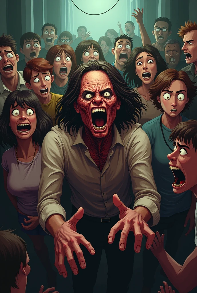 Many scared people around a person with his face smashed animated