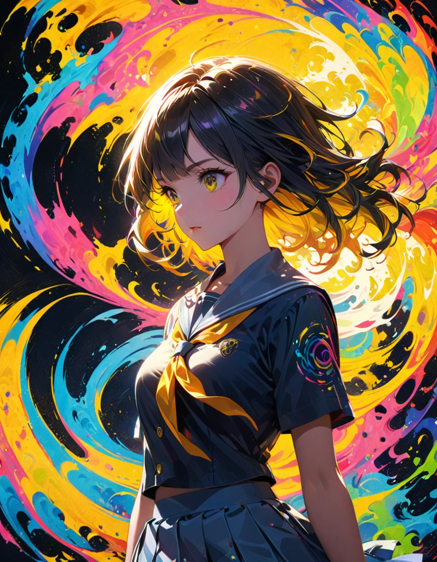 detailed textures, high quality, high resolution, high precision, realism, color correction, correct lighting settings, harmonious composition. An abstract, colorful anime-style illustration of a girl in a school uniform. Her silhouette is composed of dynamic, swirling patterns and vibrant circles. The background is a solid, bright yellow, creating a striking contrast with the intricate, multi-colored design of the girl --ar 3:4 --style raw --niji 6