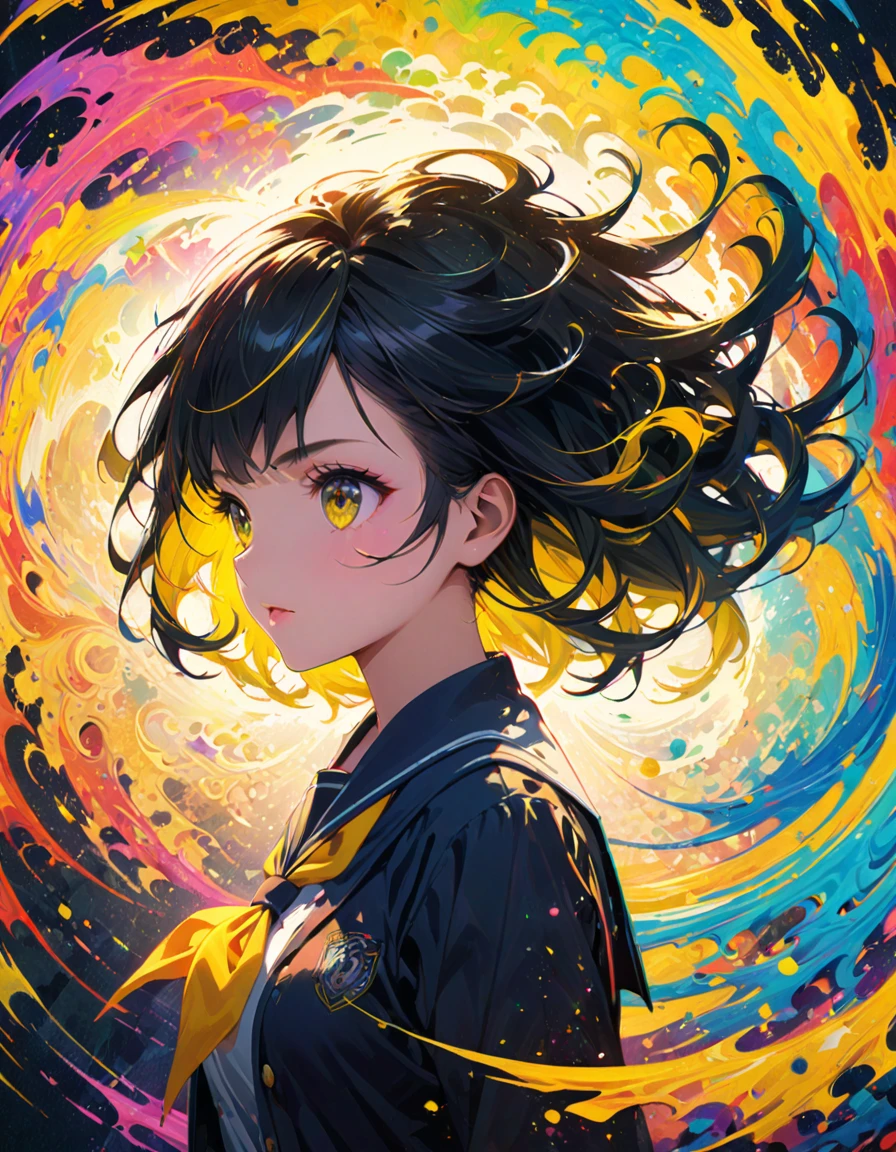 detailed textures, high quality, high resolution, high precision, realism, color correction, correct lighting settings, harmonious composition. An abstract, colorful anime-style illustration of a girl in a school uniform. Her silhouette is composed of dynamic, swirling patterns and vibrant circles. The background is a solid, bright yellow, creating a striking contrast with the intricate, multi-colored design of the girl --ar 3:4 --style raw --niji 6