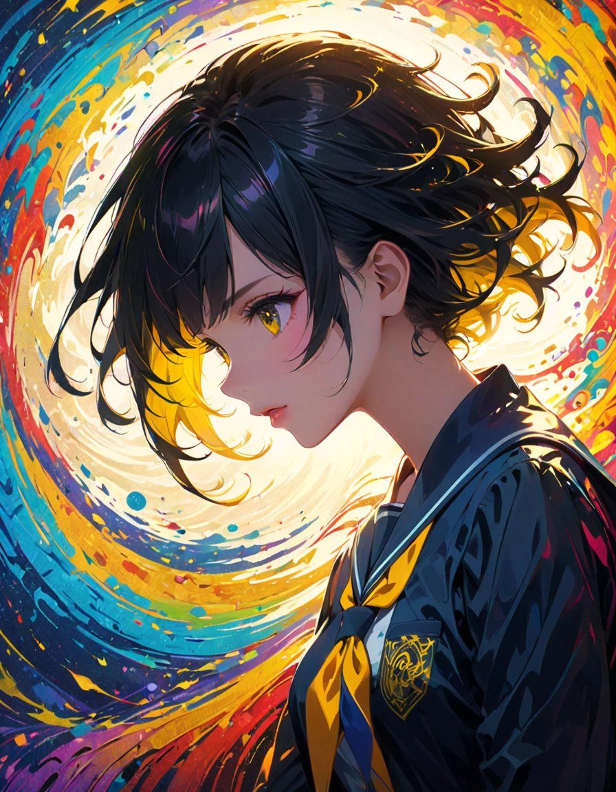 detailed textures, high quality, high resolution, high precision, realism, color correction, correct lighting settings, harmonious composition. An abstract, colorful anime-style illustration of a girl in a school uniform. Her silhouette is composed of dynamic, swirling patterns and vibrant circles. The background is a solid, bright yellow, creating a striking contrast with the intricate, multi-colored design of the girl --ar 3:4 --style raw --niji 6