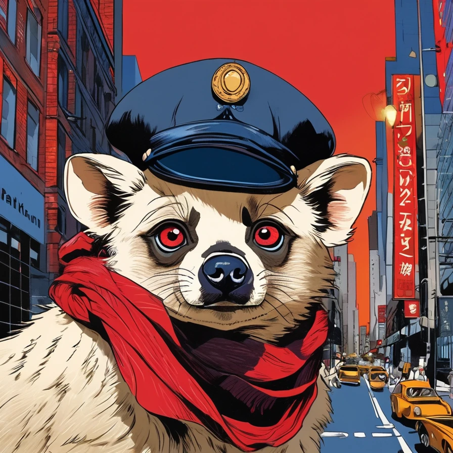 White Tanuki Hyena, Circle Eye, Red Pupil, Pug Mouth, red Newsboy Cap, Navy Speedsuit, red scarf, looking at viewer, New York City, art by Guillaume Singlin and John Patrick Green