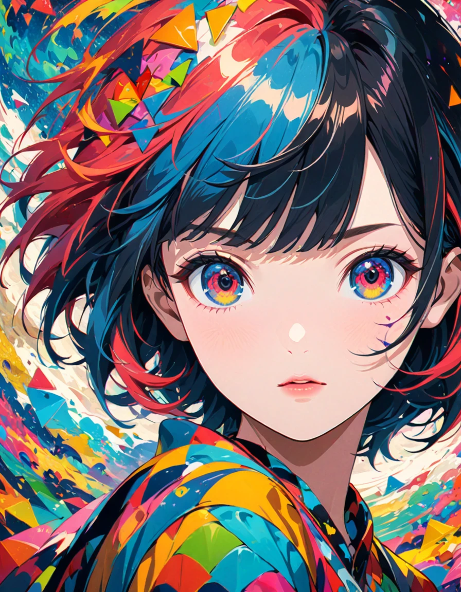 detailed textures, high quality, high resolution, high precision, realism, color correction, correct lighting settings, harmonious composition. Anime artwork depicting a girl's face within a vivid and abstract collage of colors and patterns. The composition includes a variety of shapes, lines, and textures, all in bright and contrasting colors, creating a surreal and energetic atmosphere that draws the viewer in. --ar 3:4 --stylize 600 --niji 6