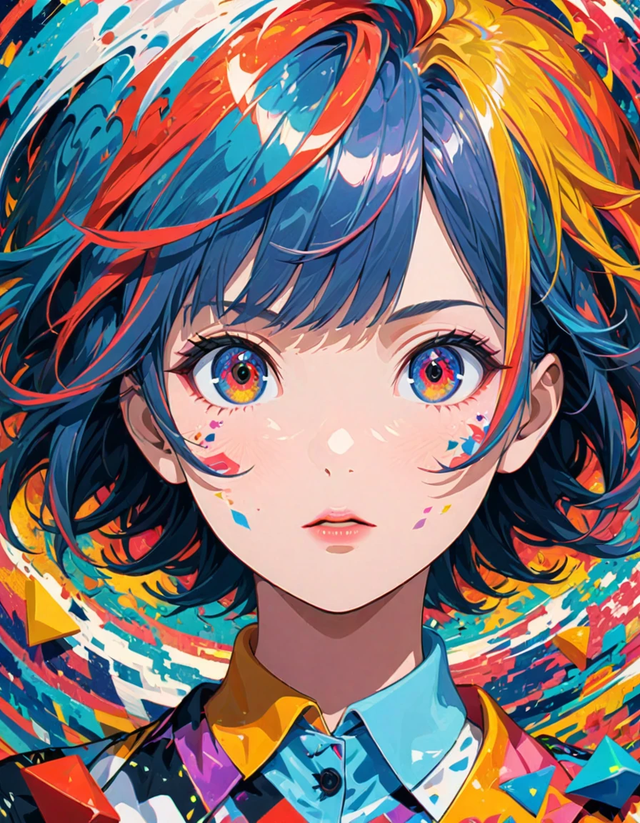 detailed textures, high quality, high resolution, high precision, realism, color correction, correct lighting settings, harmonious composition. Anime artwork depicting a girl's face within a vivid and abstract collage of colors and patterns. The composition includes a variety of shapes, lines, and textures, all in bright and contrasting colors, creating a surreal and energetic atmosphere that draws the viewer in. --ar 3:4 --stylize 600 --niji 6