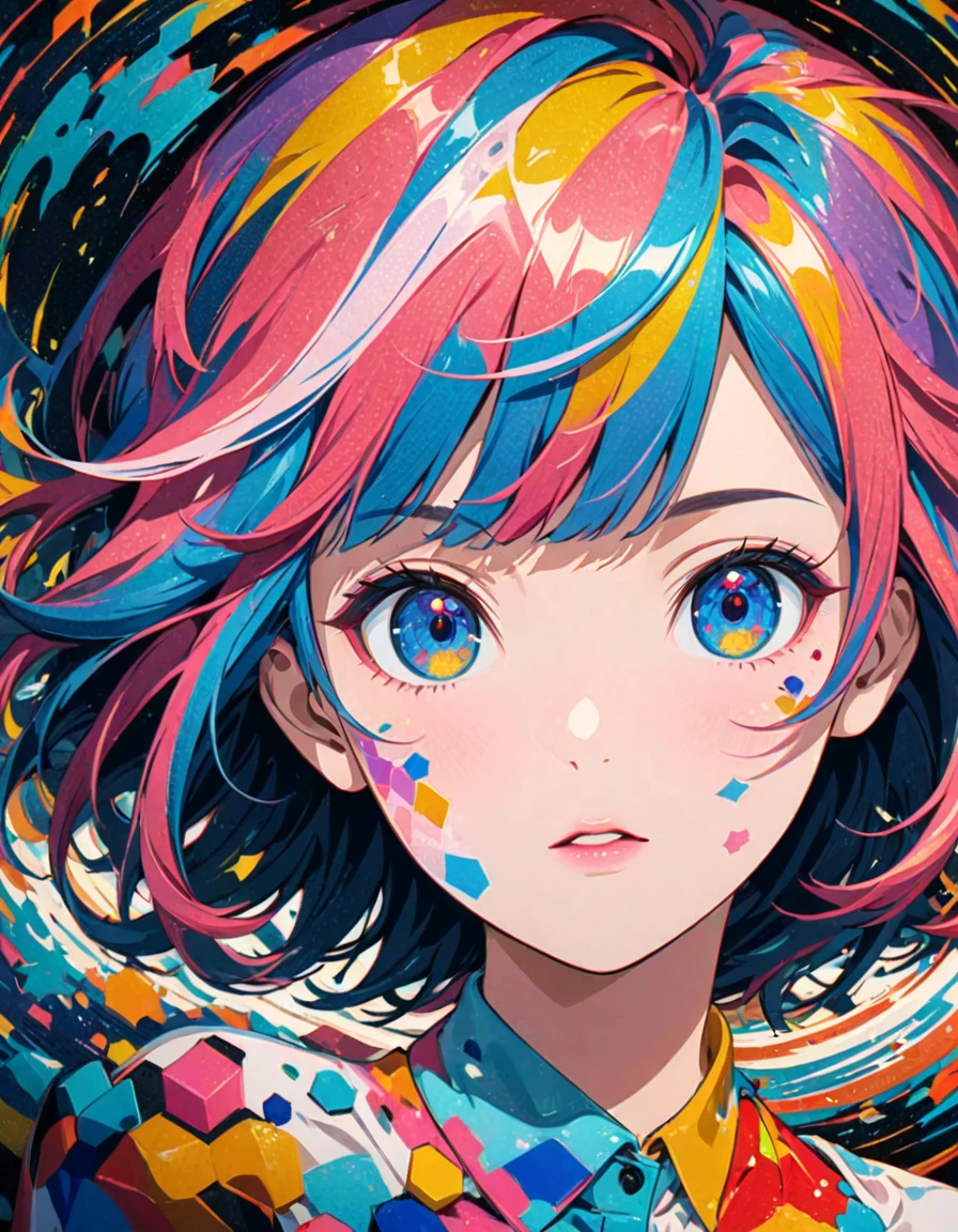 detailed textures, high quality, high resolution, high precision, realism, color correction, correct lighting settings, harmonious composition. Anime artwork depicting a girl's face within a vivid and abstract collage of colors and patterns. The composition includes a variety of shapes, lines, and textures, all in bright and contrasting colors, creating a surreal and energetic atmosphere that draws the viewer in. --ar 3:4 --stylize 600 --niji 6