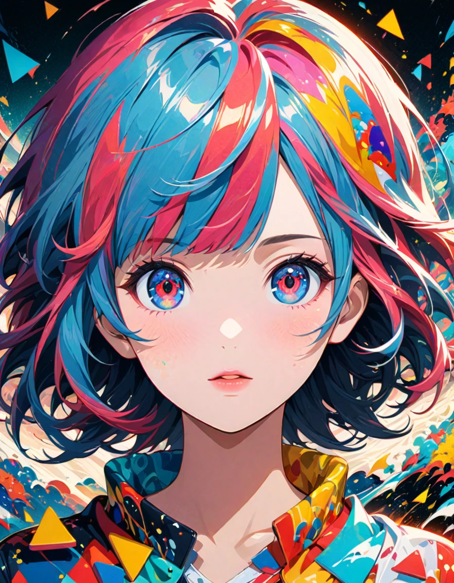 detailed textures, high quality, high resolution, high precision, realism, color correction, correct lighting settings, harmonious composition. Anime artwork depicting a girl's face within a vivid and abstract collage of colors and patterns. The composition includes a variety of shapes, lines, and textures, all in bright and contrasting colors, creating a surreal and energetic atmosphere that draws the viewer in. --ar 3:4 --stylize 600 --niji 6