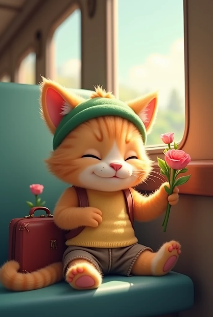 image 1:
"A cute, tender anthropomorphic cat puppy, with flowers giving a cat, shorts, a green headband, high resolution 4k.
image 2:
"A cute, tender anthropomorphic cat puppy, with his travel suitcase, shorts, a green headband, high resolution 4k.
image 3:
"A cute, tender anthropomorphic cat puppy, boarding a train, shorts, a green headband, high resolution 4k.
image 2:
"A cute, tender anthropomorphic cat puppy sitting on a train, shorts, a green headband, high resolution 4K.