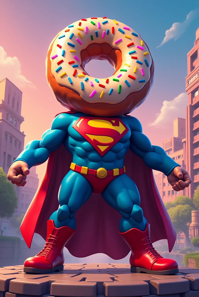 Generate me a character with a donut head and the body of Superman in the Fortnite style