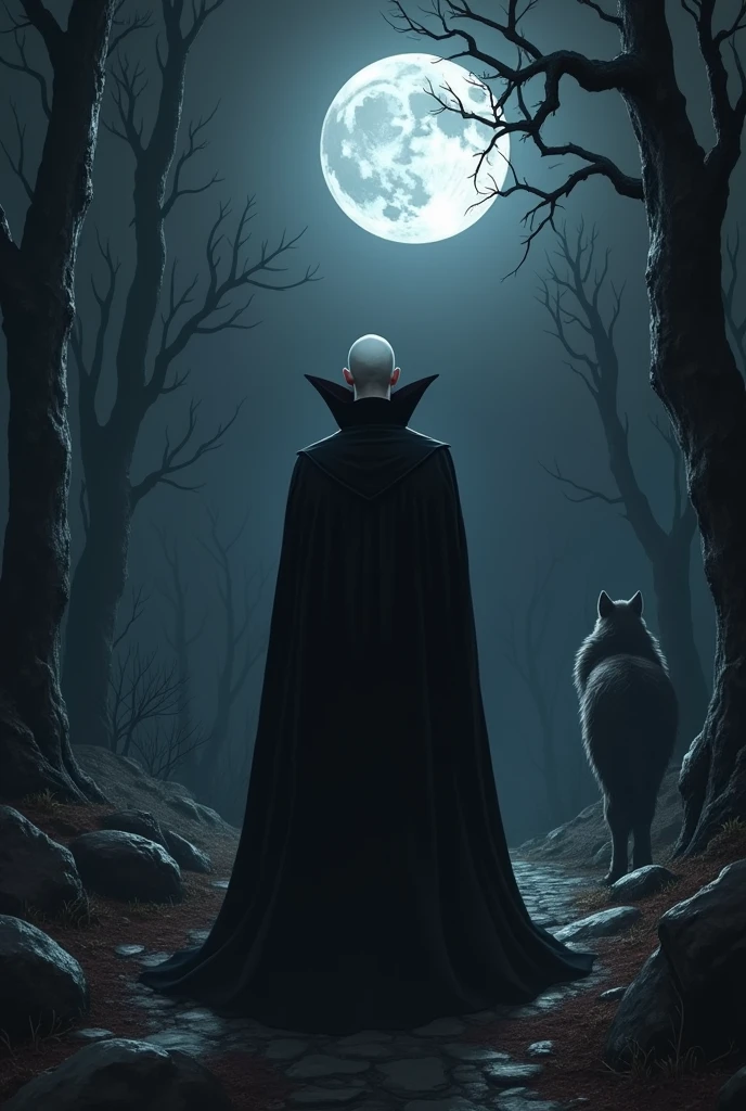 a vampire of the noferatu clan. hiding in the darkness of the night, em um beco. in the distance a werewolf watches him without being noticed. the moon is full and bright. search for the role-playing game Vampire the Masquerade as a reference. the movie nosferatu and the rpg game werewolf the apocalypse. Redo the drawing. the vampire is bald and bucktoothed
