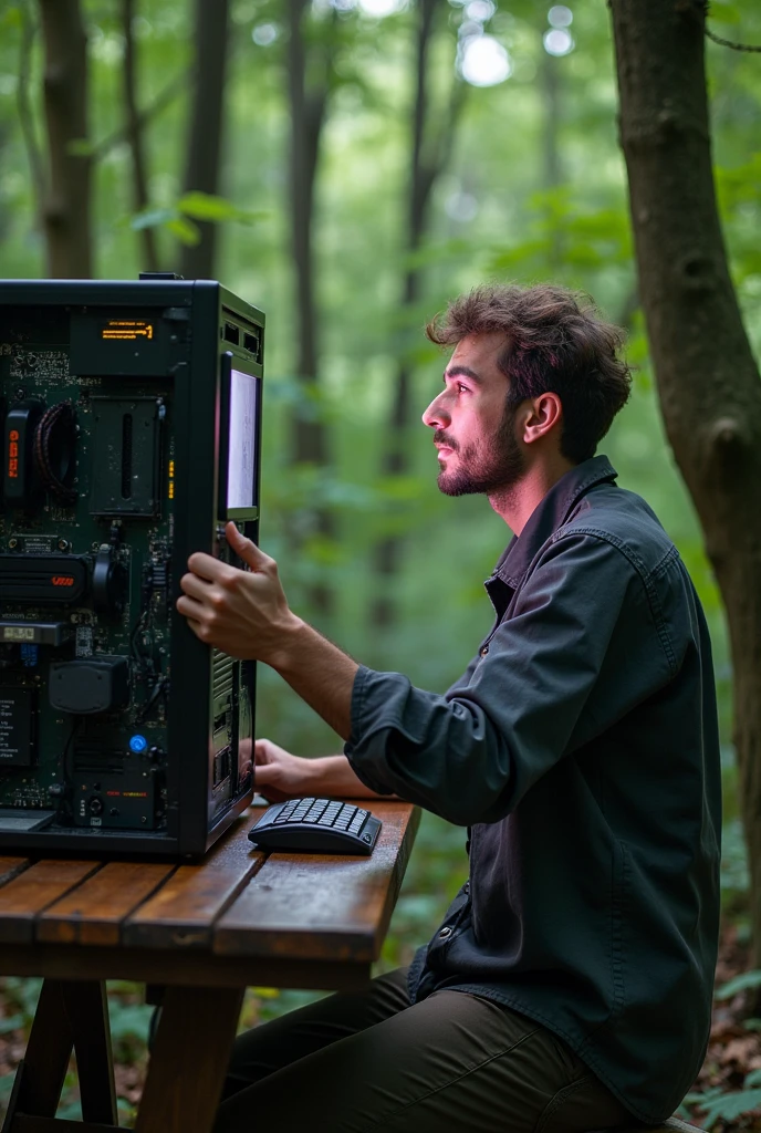 computer technician fixing computer in the forest

