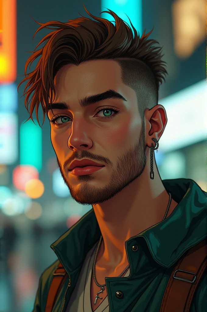 Create a picture in the artstyle of Cyberpunk 2077 of a young man, with short brown hair, green eyes and a light beard with piercings on his ears