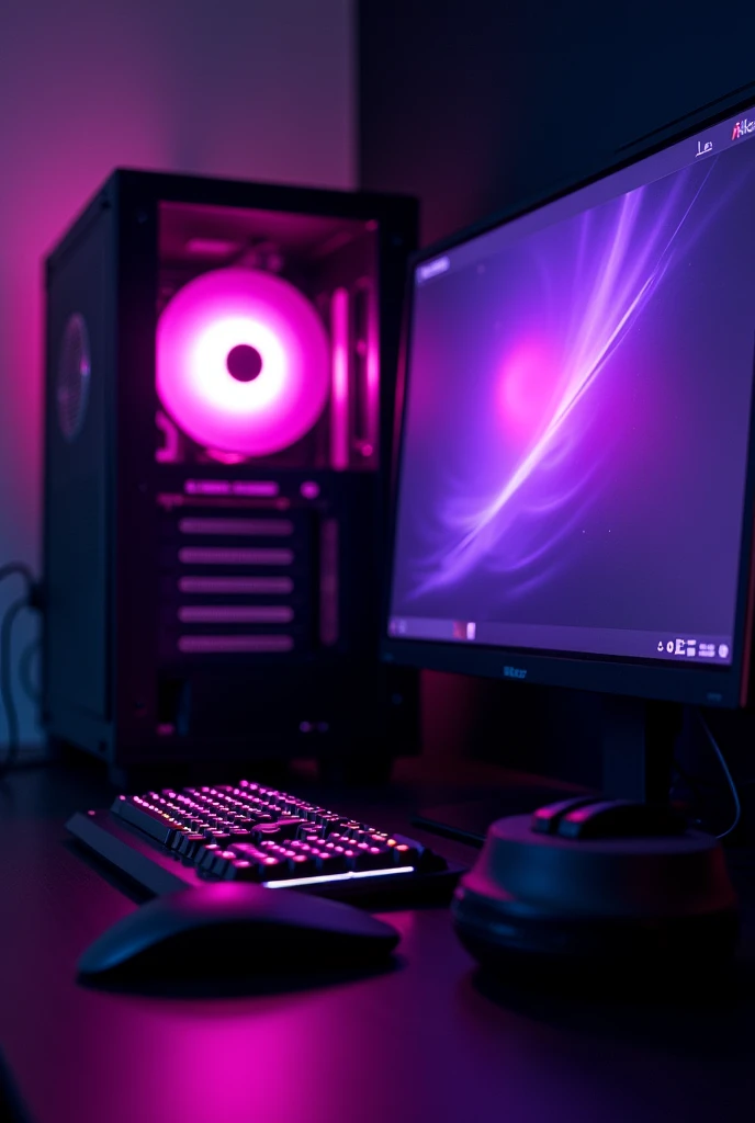 Professional image of a gaming PC with purple RGB color... monitor off, with gamer peripherals. HORIZONTAL IMAGE