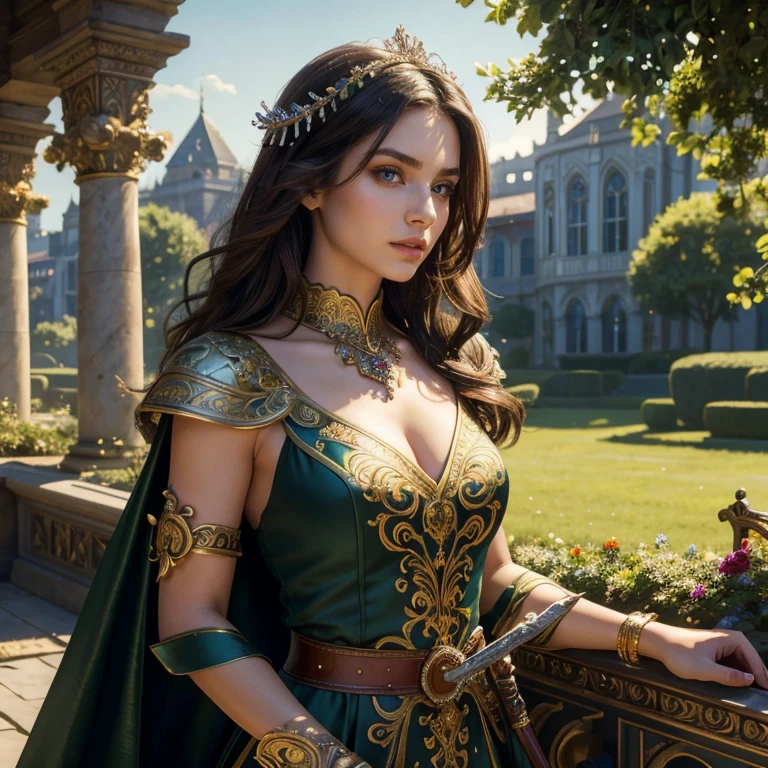 (​masterpiece, best quality:1.5), highest quality, High resolution, super detailed, Realists, Upper body photo of a brunette warrior , detailed and beautiful eyes, beautiful detailed lips, very detailed eyes and face, longeyelashes, Warrior in elegant green short dress made of shiny satin fabric, Elegant details in the fabric. Beautiful and colorful makeup, Gardens as background, soft daylight, bright colors, fine brushstrokes, Portrait style, beautiful color palette, glowing skin, First-class rendering, that captures every detail, enchanting atmosphere, subtle shadows and lights, (perfect anatomy:1.2), (The stunning warrior holds a large ornate sword in her hand.  (magnificent panorama view:1.2)