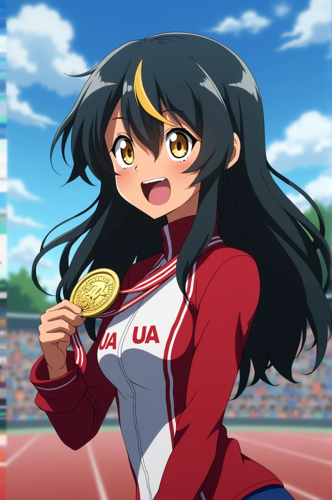 screenshot from boku no hero academia of a age girl, slim body with feminine curves, with long black hair, with golden locks, slanted honey-colored eyes, black skin, has an excited expression. Wear UA training uniform. has a first place medal. UA Sports Festival Fund, Whole body, long shot.
