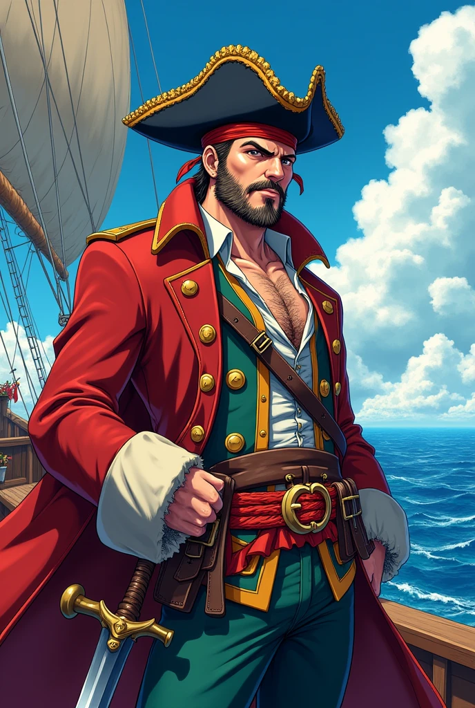 create a pirate who is a crew member of a pirate gang in anime style