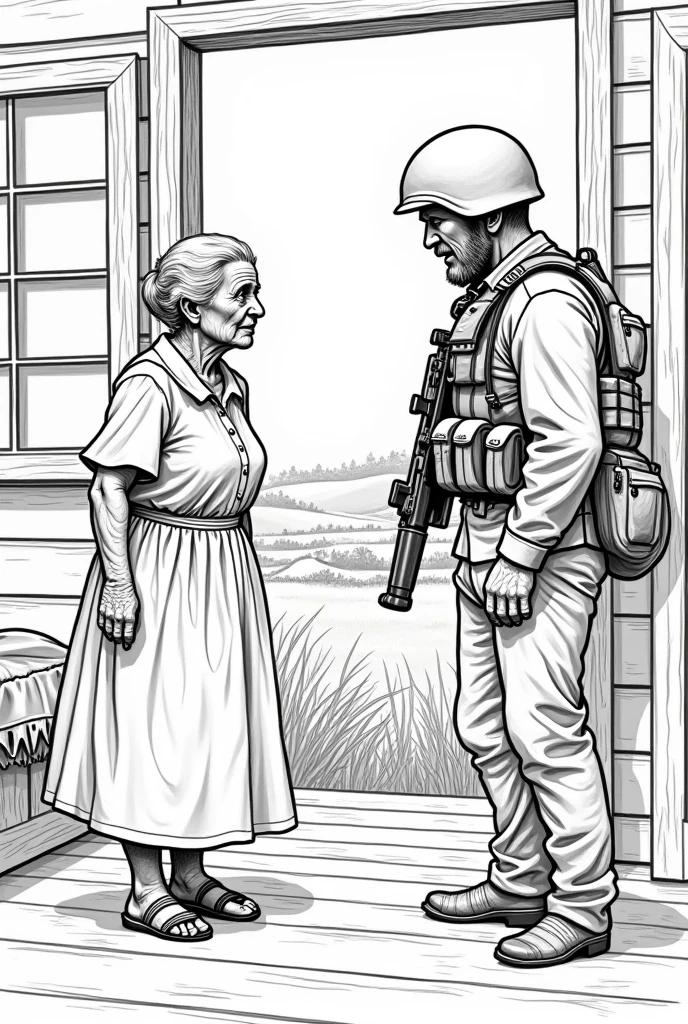 Draw an old woman threatened by a guerrilla with a rifle in a house in the countryside in a coloring page 