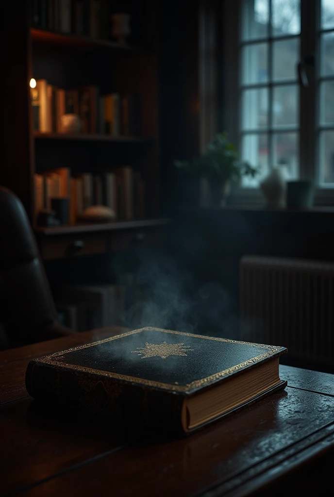 The black book is lying on the table, in a closet against the backdrop of a dark living room, glint, Shine, magic, Realism