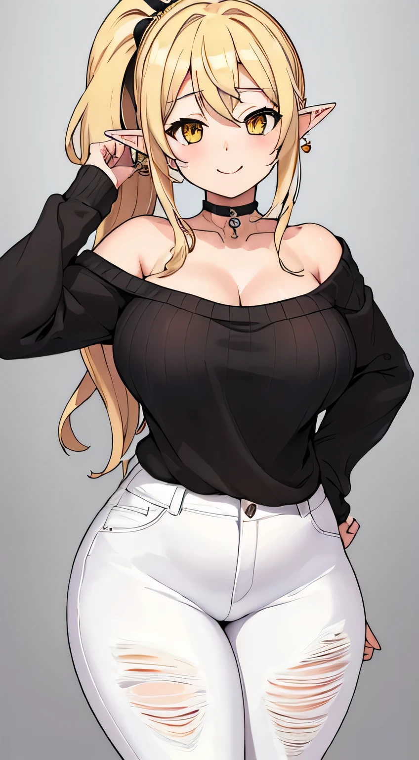 masterpiece, best quality, highres, ((Slim thicc waifu:1.3)), large breasts, elf, yellow eyes, blonde hair in short high ponytail, (black choker), (White sweater), jewelry, (ripped skinny jeans), long sleeves, cowboy shot, standing, field, smile, hands on face, hearts