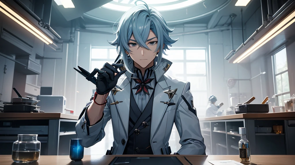 Make a man on a futuristic laboratory table. He should look like Arlechinno from Genshin Impact