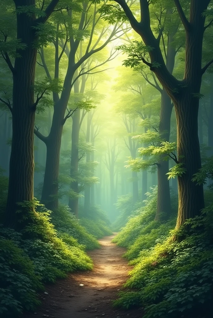 I would like the design to capture the natural and peaceful atmosphere of the forest., with a color palette that includes varied greens, browns and some touches of light that imitate the sun's rays filtering through the trees. If possible, It would be great to include elements like trees, leaves The style must be realistic, but it must convey the feeling of being immersed in a forest environment.