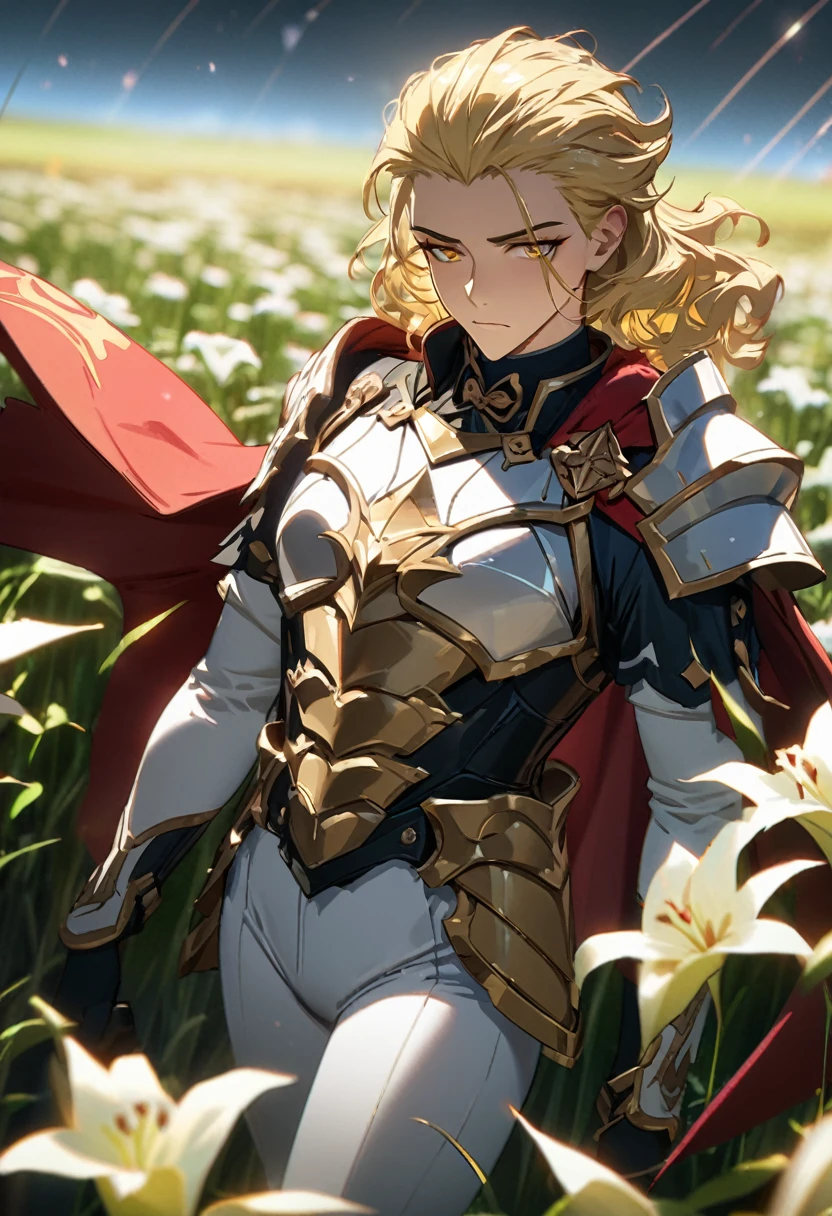 ((solo)), (man), tired face, gold eyes, (blonde hair), medium hair, hair slicked back, wavy hair, (mature), (adult), white spandex suit, red cape, superhero aesthetic, gold tints on clothing, in a wheat field, lilies, detailed key anime art, honkai star trail character, casimir art, masamune shiro, masamune, ((handsome)), handsome guy in demon slayer art, genshin, heise jinyao, shadowverse style, (no logos), flower field, (detailed samurai armor), eye reflection, shiny hair, depth of field, cinematic lighting, ray tracing, depth of field, cinematic lighting, ray tracing, UHD, high details, best quality, highres, high quality, award winning, super detail, masterpiece, 8k, UHD, high details, best quality, highres, high quality, award winning, super detail, masterpiece, 8k