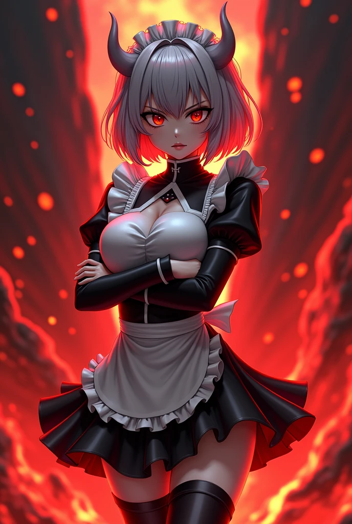 supreme-calamitas, angry closed-mouth, angry pouting, maid outfit, maid bonnet, angry blushing, bright red blush, grey skin, gray skin, grey colored skin, gray colored skin, surrounded by red fire, covered in red fire, volcanic background, magma background, red fire background, thicc, black leggings, 2 short white demon horns, 2 short anime demon horns white, black leggings, 2 short white demon horns, 2 short anime demon horns white, 2 white anime demon horns short, grey skin, gray skin, grey colored skin, gray colored skin, anime eyeliner, anime character eyelashes, arms-crossed, crossed arms, arms crossed, breasts exposed, exposed breasts