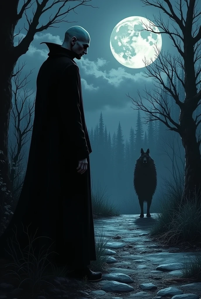 a vampire of the noferatu clan. hiding in the darkness of the night, em um beco. in the distance a werewolf watches him without being noticed. the moon is full and bright. search for the role-playing game Vampire the Masquerade as a reference. the movie nosferatu and the rpg game werewolf the apocalypse. Redo the drawing. the vampire is bald and bucktoothed. the werewolf is watching the vampire from afar. the vampire's clothes are those of a beggar.