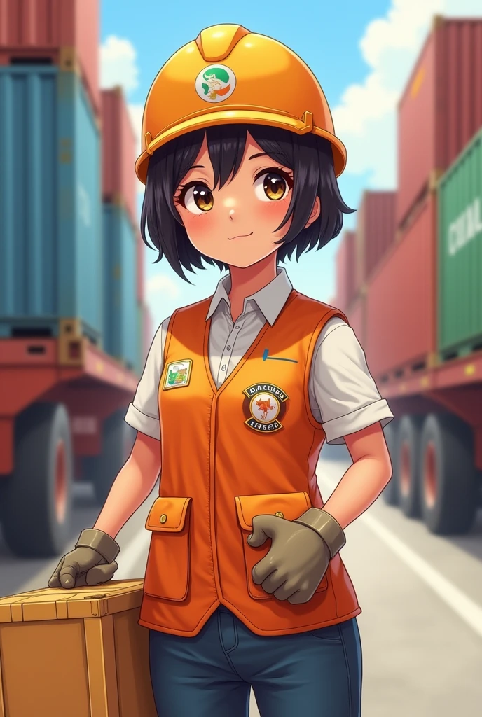 Cartoon of a short-haired girl wearing a customs vest and met as an exporter of goods, realist