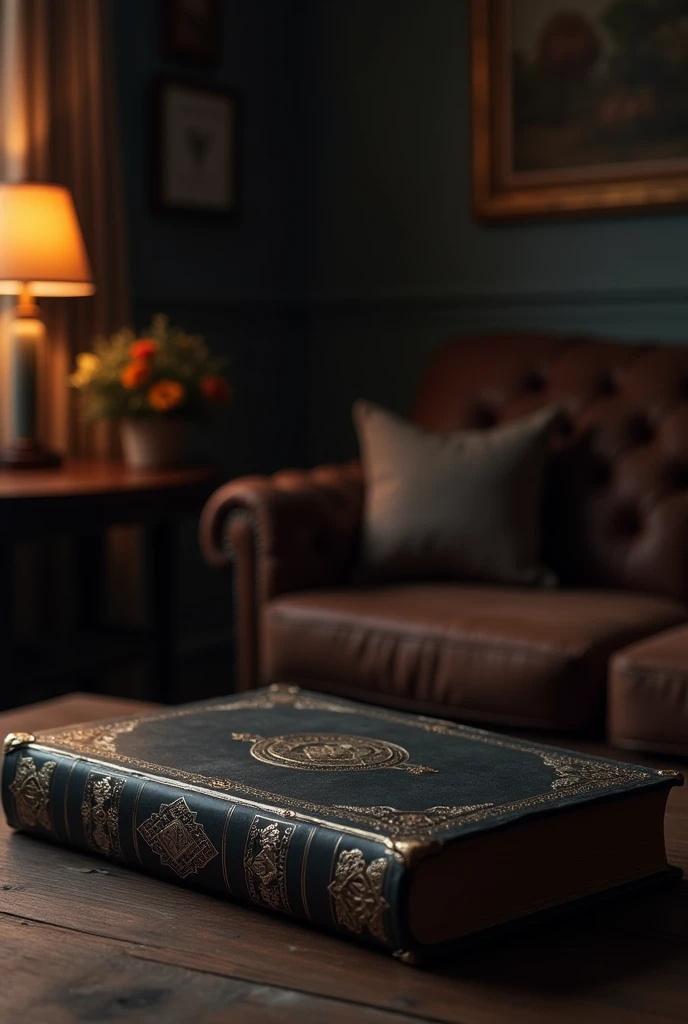 The black book is lying on the table, against the backdrop of a dark living room, glint, Shine, magic