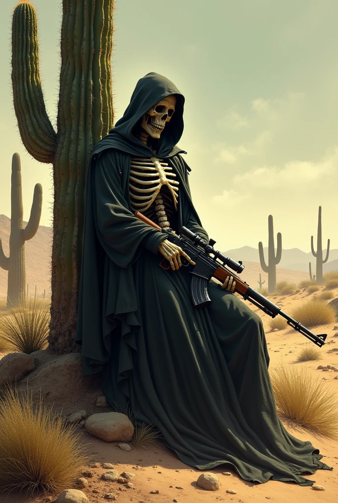 Death leaning on a cactus in the desert holding a gun in his hand with glowing eyes