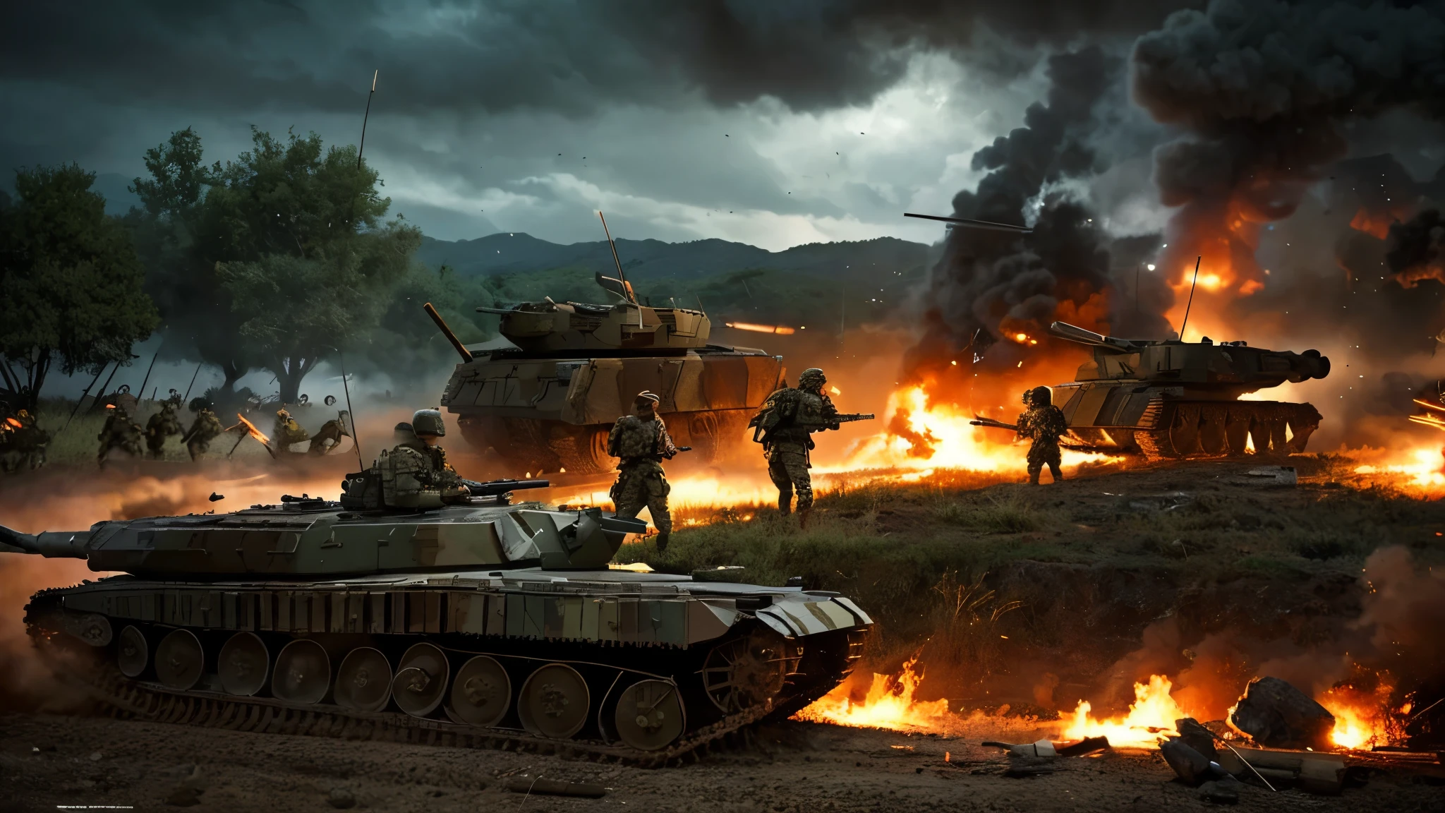 A dramatic scene from a (((historic battle))) which resulted in the transfer of [tecnology], with armies in conflict and new military devices being introduced. The scene must convey tension and the forced exchange of knowledge.