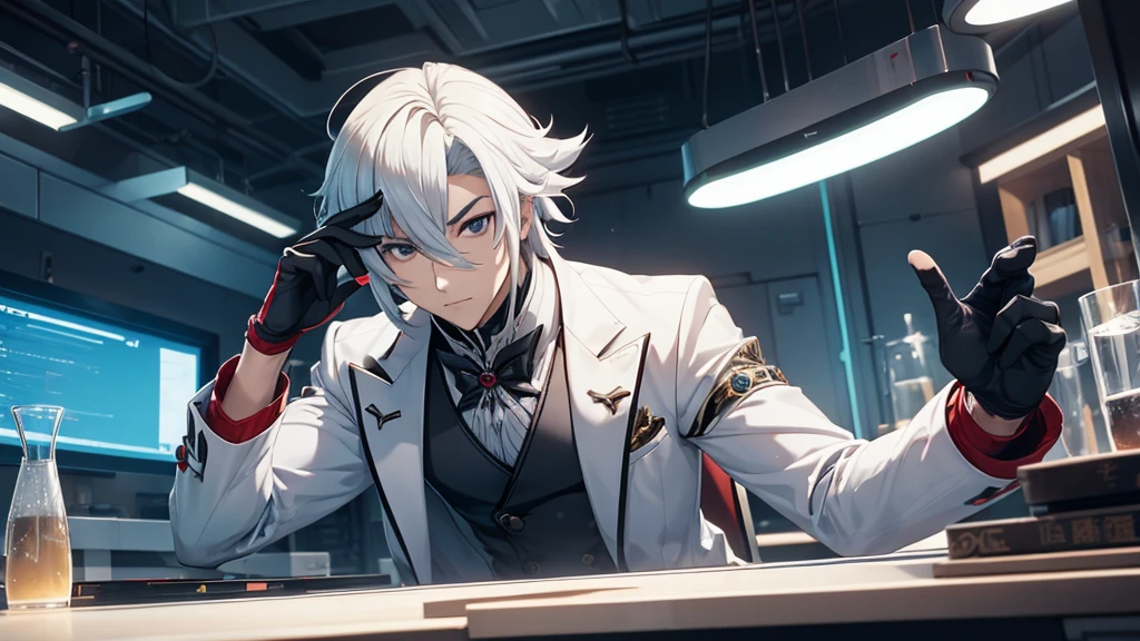 Make a man on a futuristic laboratory table. He should look like Arlechinno from Genshin Impact