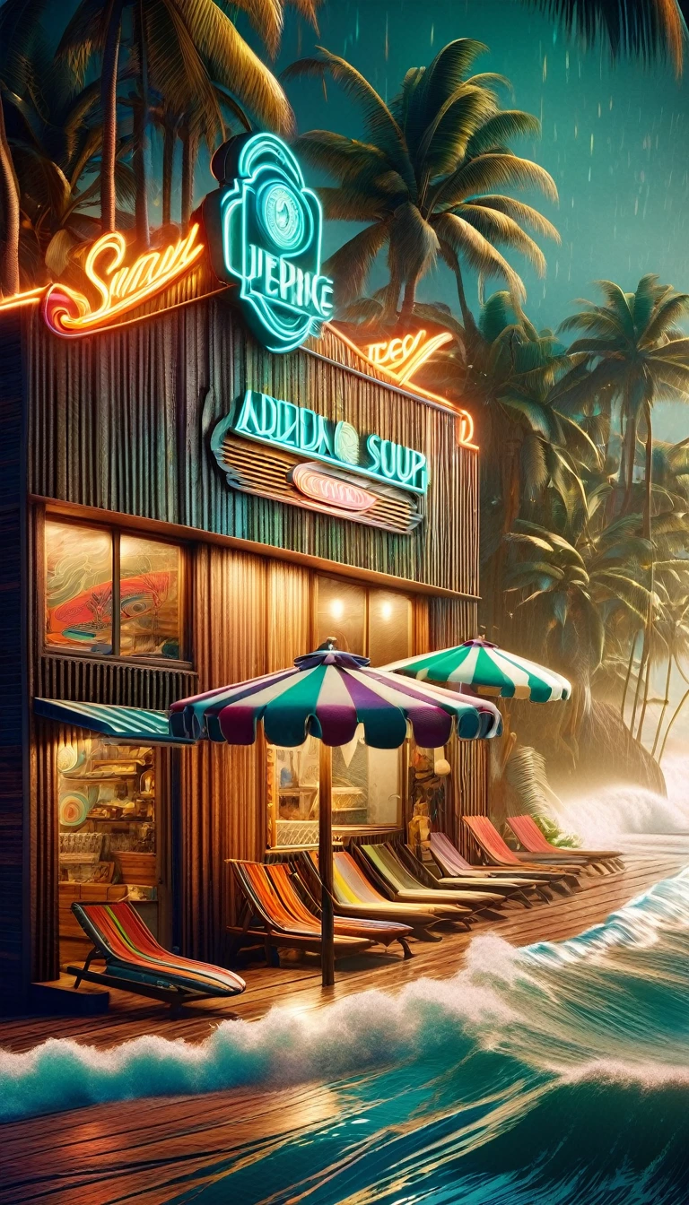 a beautiful adorable beach surf shop, extremely detailed, highly realistic, hyper detailed, photorealistic, masterpiece, 8k, best quality, dramatic lighting, vibrant colors, surreal, inspired by Bill Sienkiewicz and Dave Mckean, art deco, cinematic composition, moody atmosphere, textured wood, neon signs, sandy beach, crashing waves, colorful surfboards, vintage aesthetic, reflections, detailed interior, cozy atmosphere