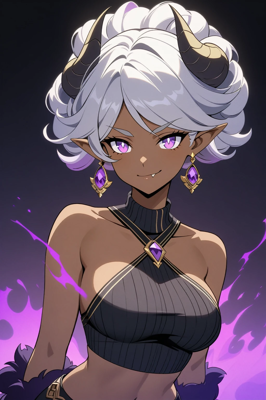 Genshin Impact art style, (dark-skinned woman: 1.4), (silver dragon scales on arms: 1.2), portrait, (curvaceous body: 1.3), medium breasts, wide hips, (large black demon horns: 1.3), (long curly fluffy hairstyle: 1.2), (silver hair: 1.1), glowing violet eyes, very long pointy ears, (amethyst and gold jewelry and earrings: 1.2), black nails, cool expression, small smirk, (white and black ribbed halter top: 1.3), midriff, (sassy pose: 1.2), purple aura, dark gradient background, dark lighting, 1girl, solo