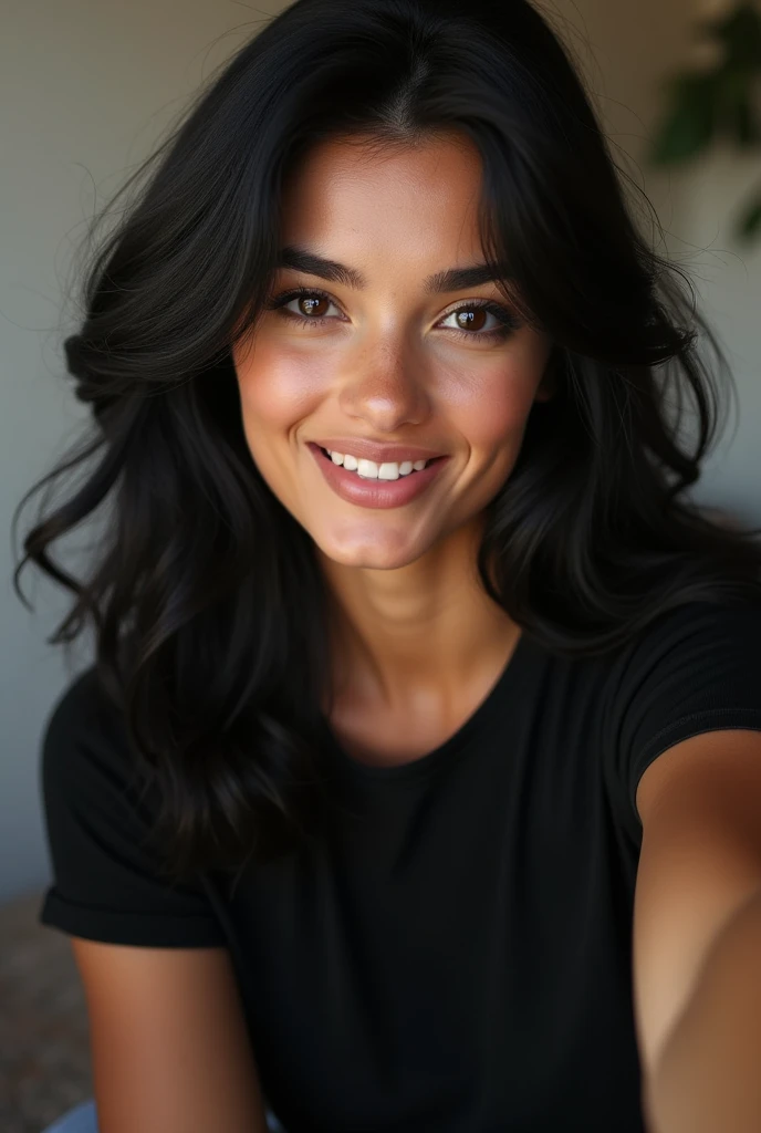 best quailty masterpiece detailed pretty young woman black hair nationalty middle eastern wears black t shirt taken selfie with iphone