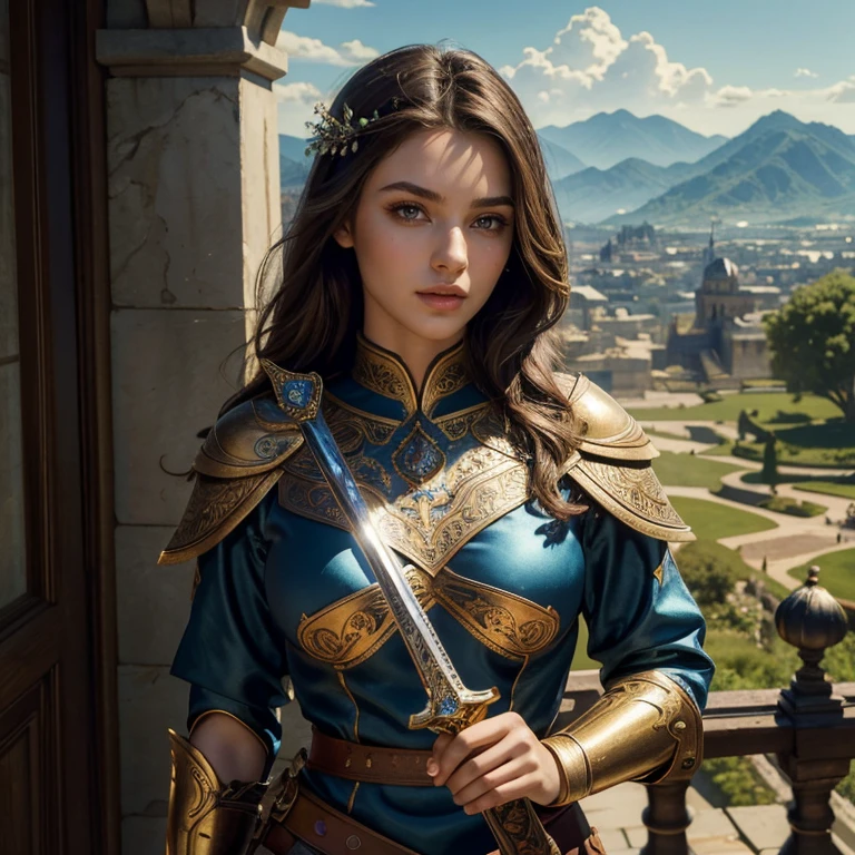 (masterpiece, best quality:1.5), highest quality, High resolution, super detailed, Realists, Upper body photo of a brunette warrior , detailed and beautiful eyes, beautiful detailed lips, very detailed eyes and face, longeyelashes, Warrior in noble armor made of shiny satin fabric, Elegant details in the fabric. Beautiful and colorful makeup, Gardens as background, soft daylight, bright colors, fine brushstrokes, Portrait style, beautiful color palette, glowing skin, First-class rendering, that captures every detail, enchanting atmosphere, subtle shadows and lights, (perfect anatomy:1.2), (The stunning warrior holds a richly decorated sword in her hand. (magnificent panorama view:1.2)