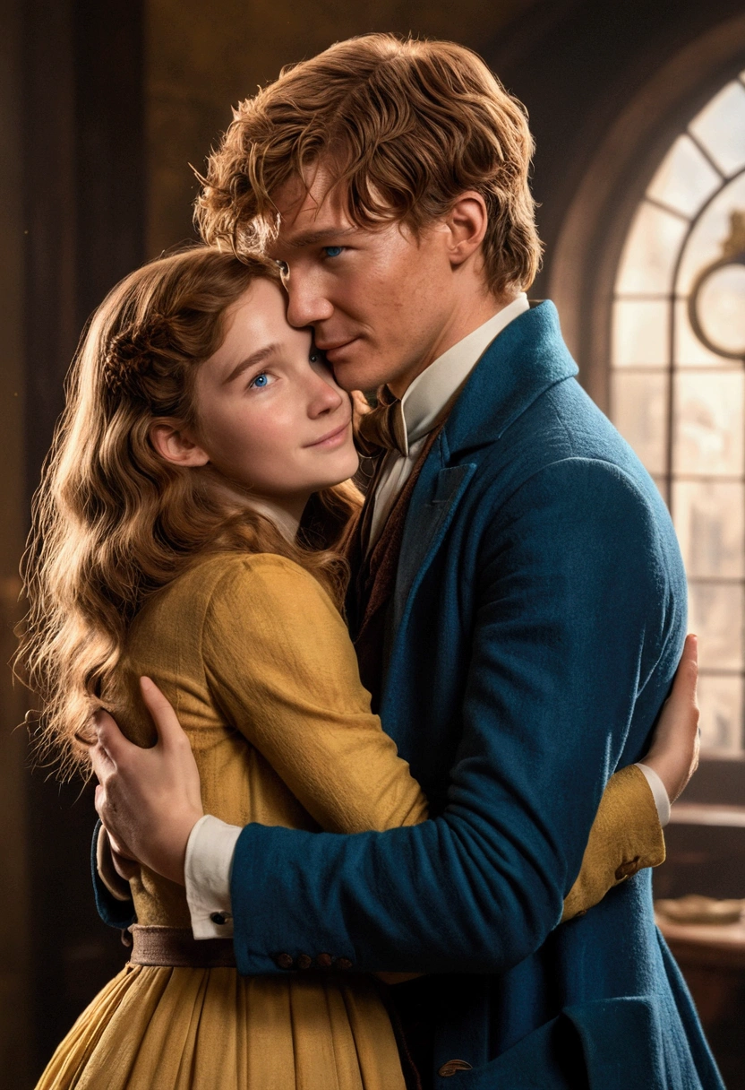 Newt scamander hugging a girl with wavy brown hair and blue eyes