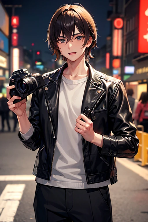man, young, attractive, dark hair with some golden hair. He holds a professional camera in his hands while looking through the viewfinder to take the photo Background: a very busy Japanese city. ,
Muy lindo y attractive.
leather jacket