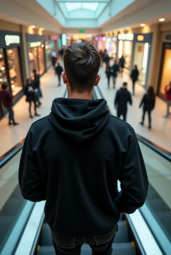 Give me a photo for my Instagram profile in which I want to be (person ) with a sweatshirt going up an escalator in a shopping center and the photo taken from behind me, of my back, I am wearing a black sweatshirt 