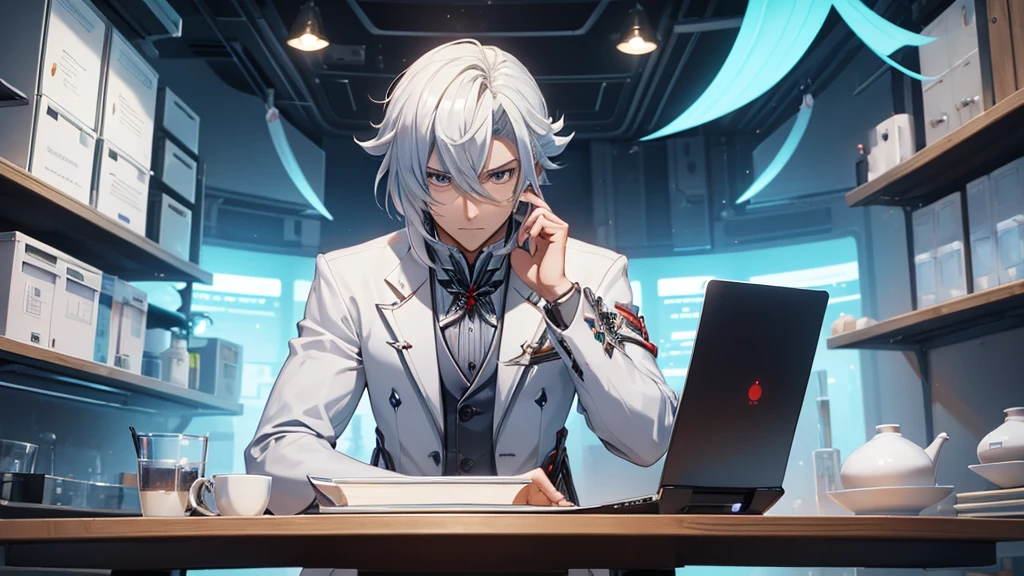 Make a man on a futuristic laboratory table. He should look like Arlechinno from Genshin Impact