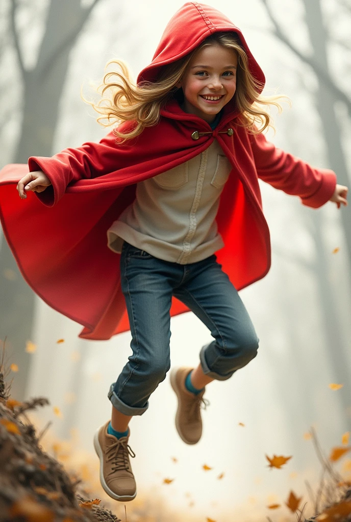 Little Red Riding Hood is young and jumping but older but not much